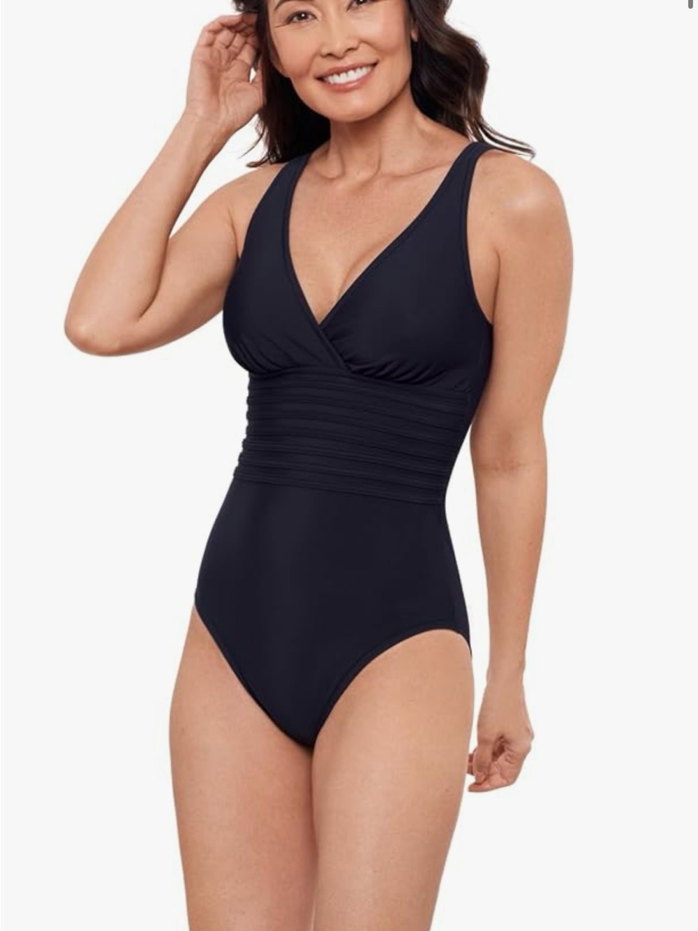 NWT Aqua Green Surplice Trim Overlay One Piece Swimsuit Navy Blue size S